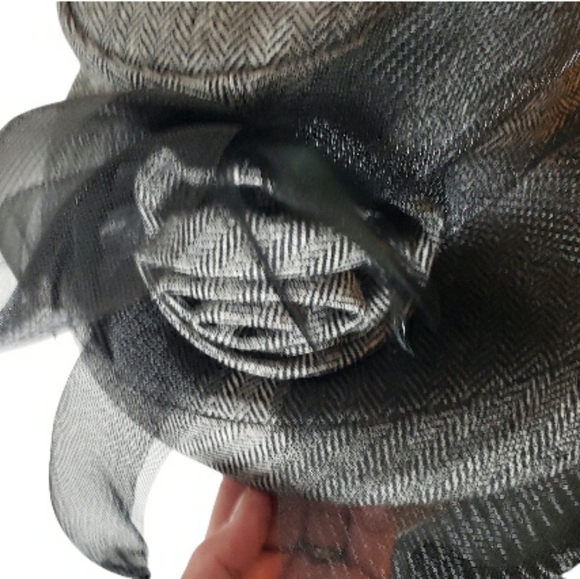 Susanna Designer Herringbone High Brim Hat Scurtural Netting Flower Feathers OS